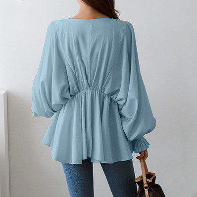 Simple V-neck Drawstring Irregular Loose Design Sense Casual Long-sleeved Shirt Women
