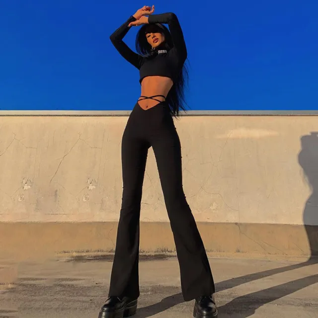Women's V Waist Cropped Navel Cross Strap Solid Flared Casual Pants Black - Shop at LoveMi