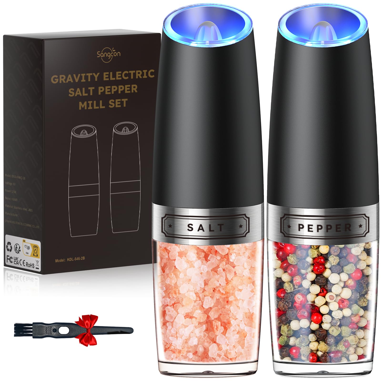 Gravity Electric Salt And Pepper Grinder Set with LED light, battery powered adjustable coarseness, one hand operation, upgraded larger capacity.