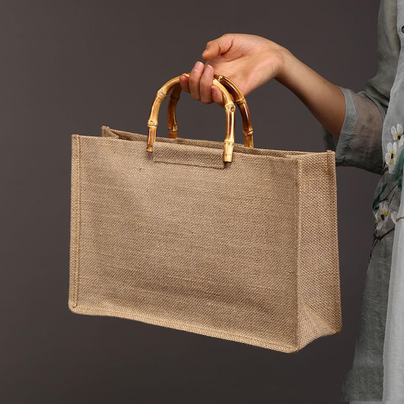 Ladies Bamboo Handle Cotton Linen Tote Bag (White-Vertical