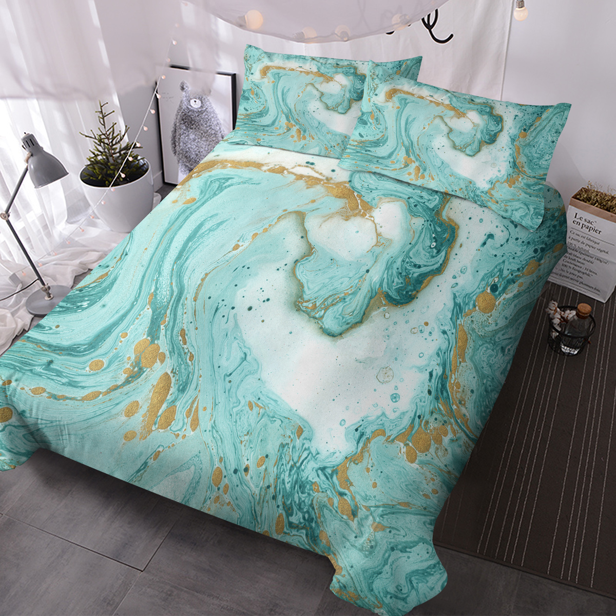 Chic Girly Marble Duvet Cover Mint Gold Glitter Turquoise Bedding Comforter Set Abstract Aqua Teel Blue Duvet