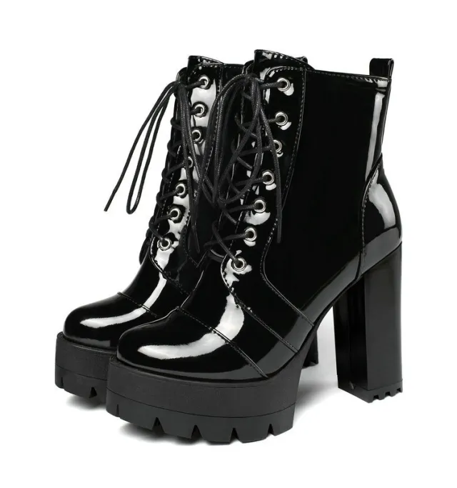 Super High heel Round toe Thick heel Platform Lace up Patent Leather Martin Boots Black - Shop at LoveMi