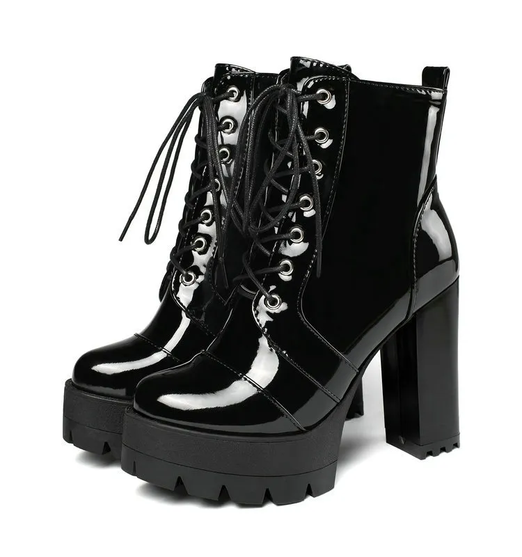 Super High-heel Round-toe Thick-heel Platform Lace-up Patent Leather Martin Boots - Black