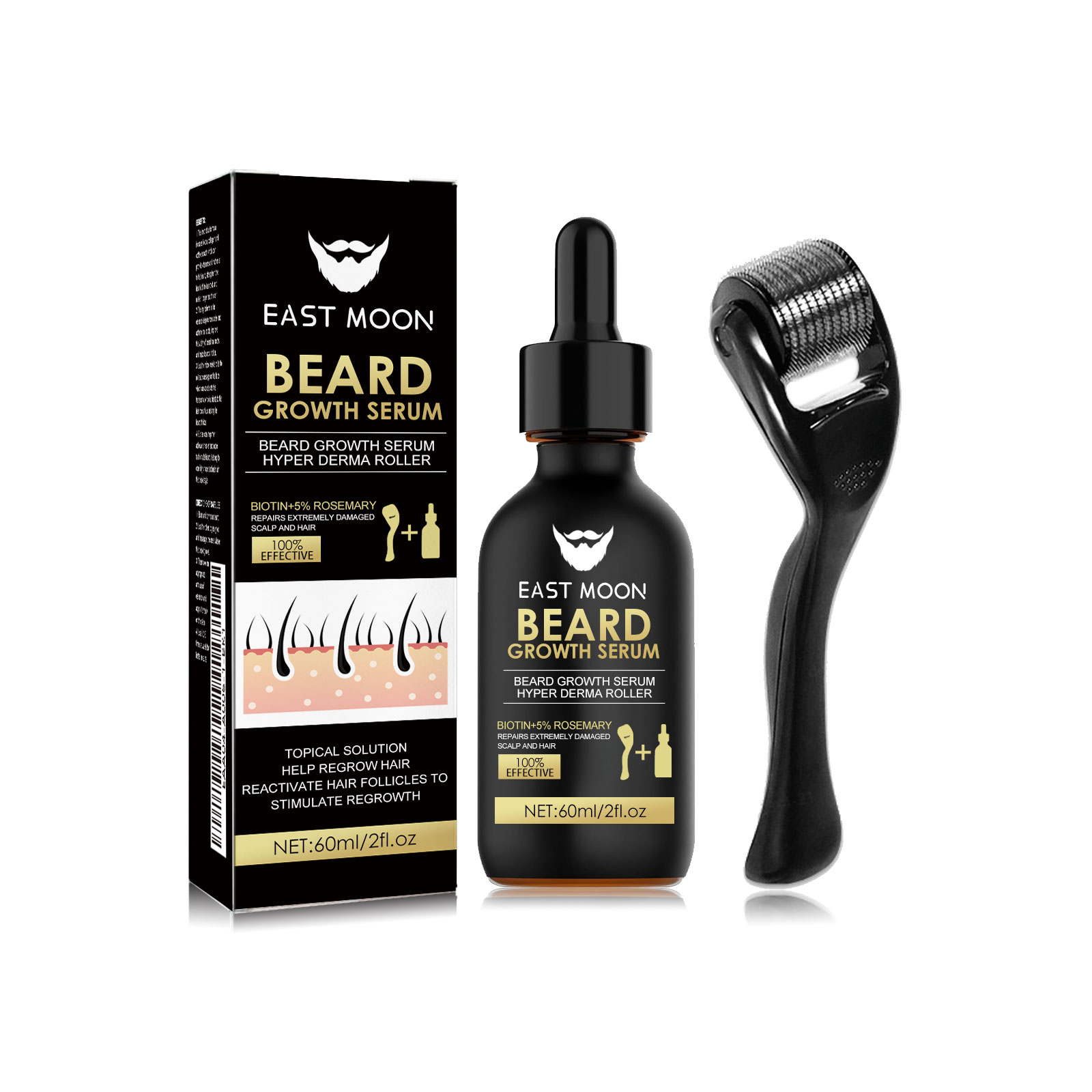 Set de uleiuri esențiale Beard Thick Black Roller 60 ml Cutie cu role cu microneedle neagră