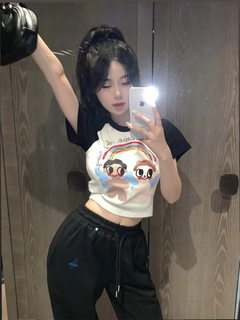 Women's Slim New White Cartoon Print Contrast Crew Neck T-Shirt