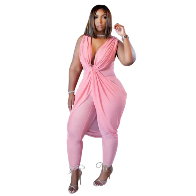 Casual VNeck Wrap Chest Versatile Solid Color Perspective Bodysuit Sleeveless Pink - Shop at LoveMi