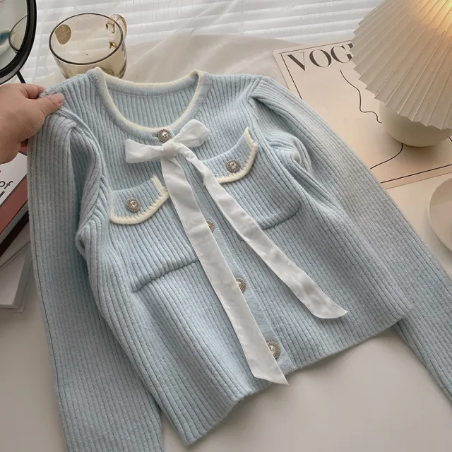 French Short Top Women's Bow Retro Diamond Buckle Blue - Shop at LoveMi