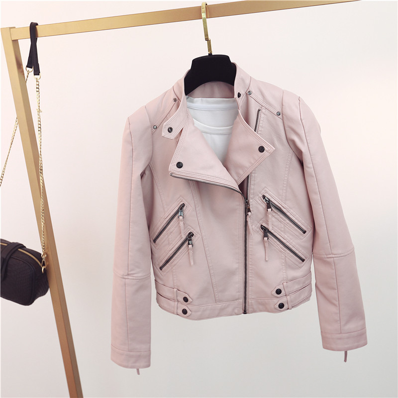 PU Leather Motorcycle Short Slim Small Coat Pink - Shop at LoveMi
