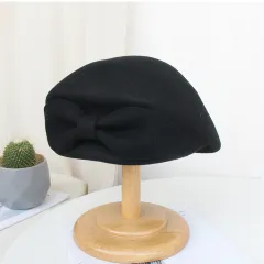 Vintage Autumn And Winter Ladies Bow Woolen Beret - Black - View 1