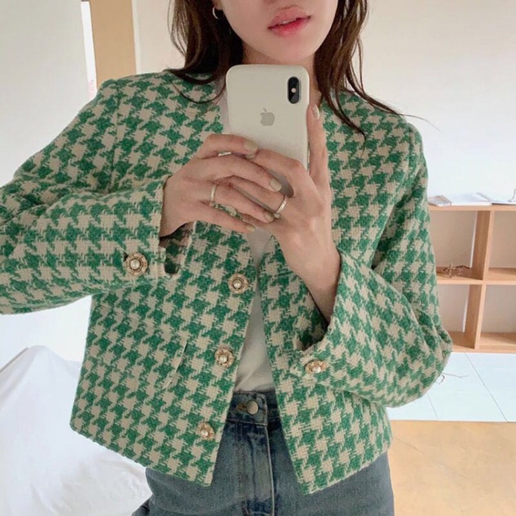 Outer Tower Green Houndstooth Pearl Button Small Fragrant Wind Short Jacket Green - Shop at LoveMi