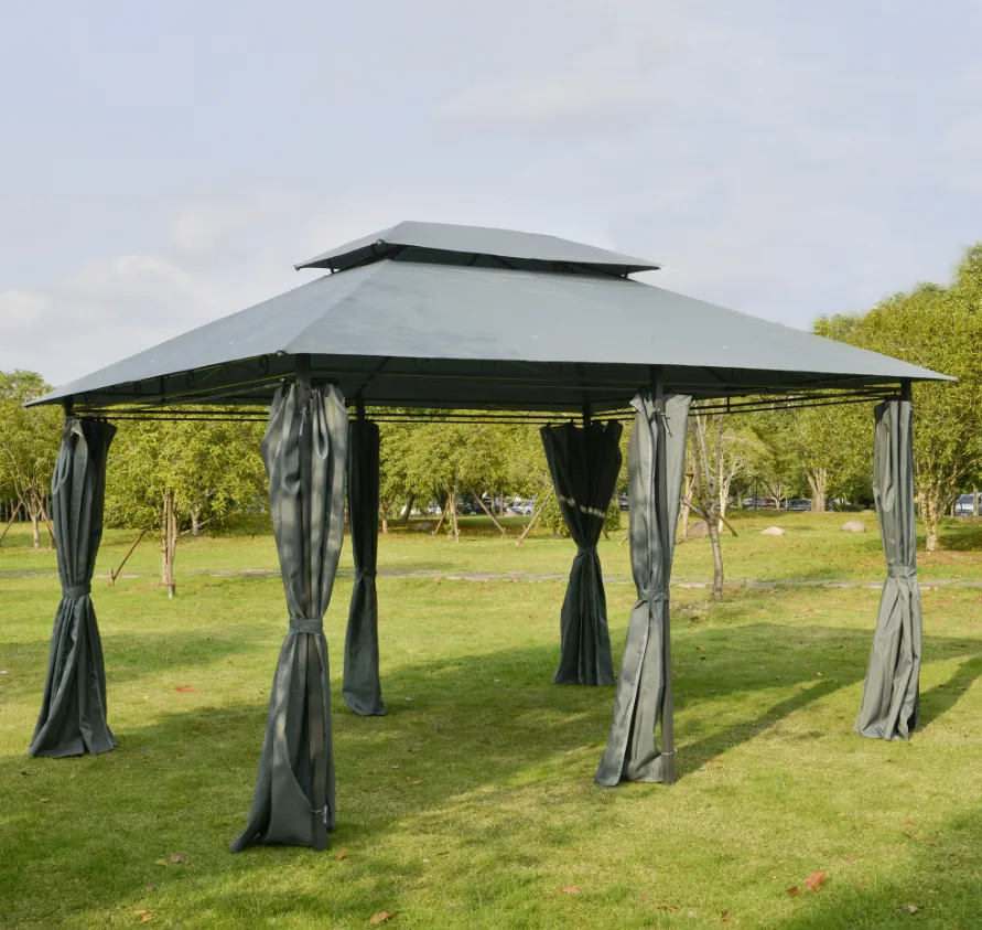 10' X 13' Outdoor Soft Top Gazebo Pergola With Curtains, 2-Tier Steel Frame Gazebo For Patio,
