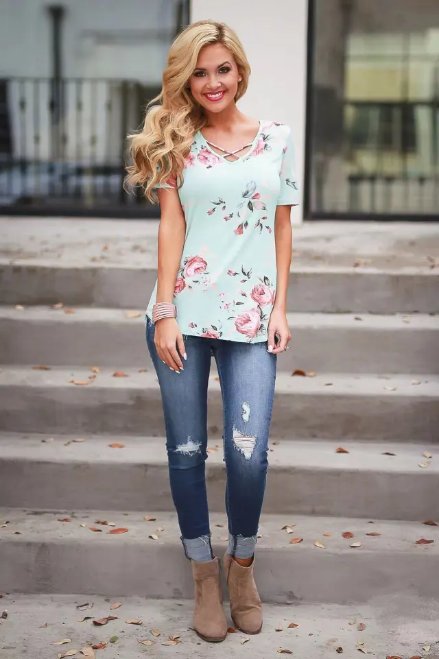 Flower Print Cross Front Short Back Long T shirt Light Green - Shop at LoveMi
