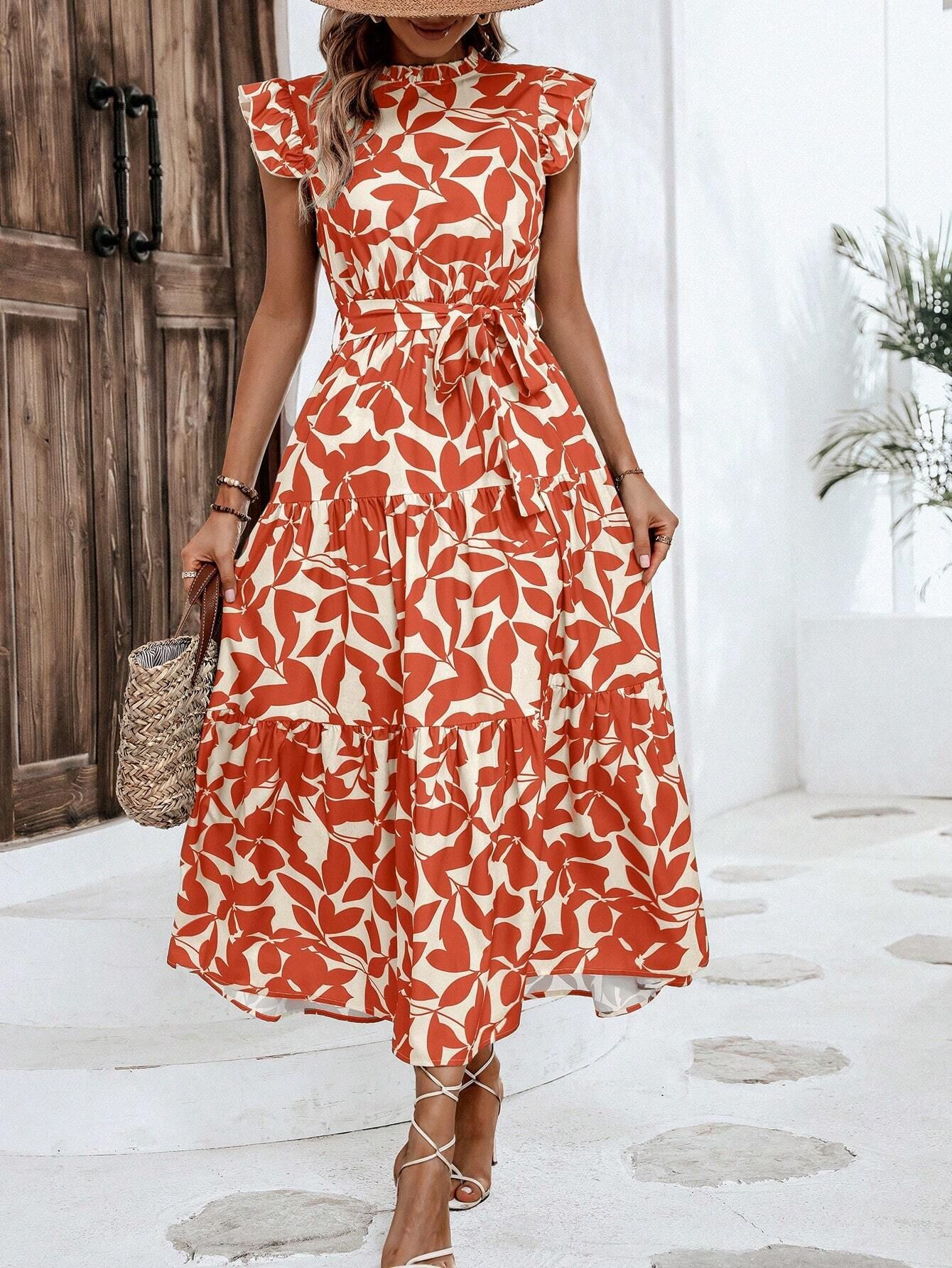 High Neck Ruffle Cap Sleeve Waist-Tie Printed Midi Dress