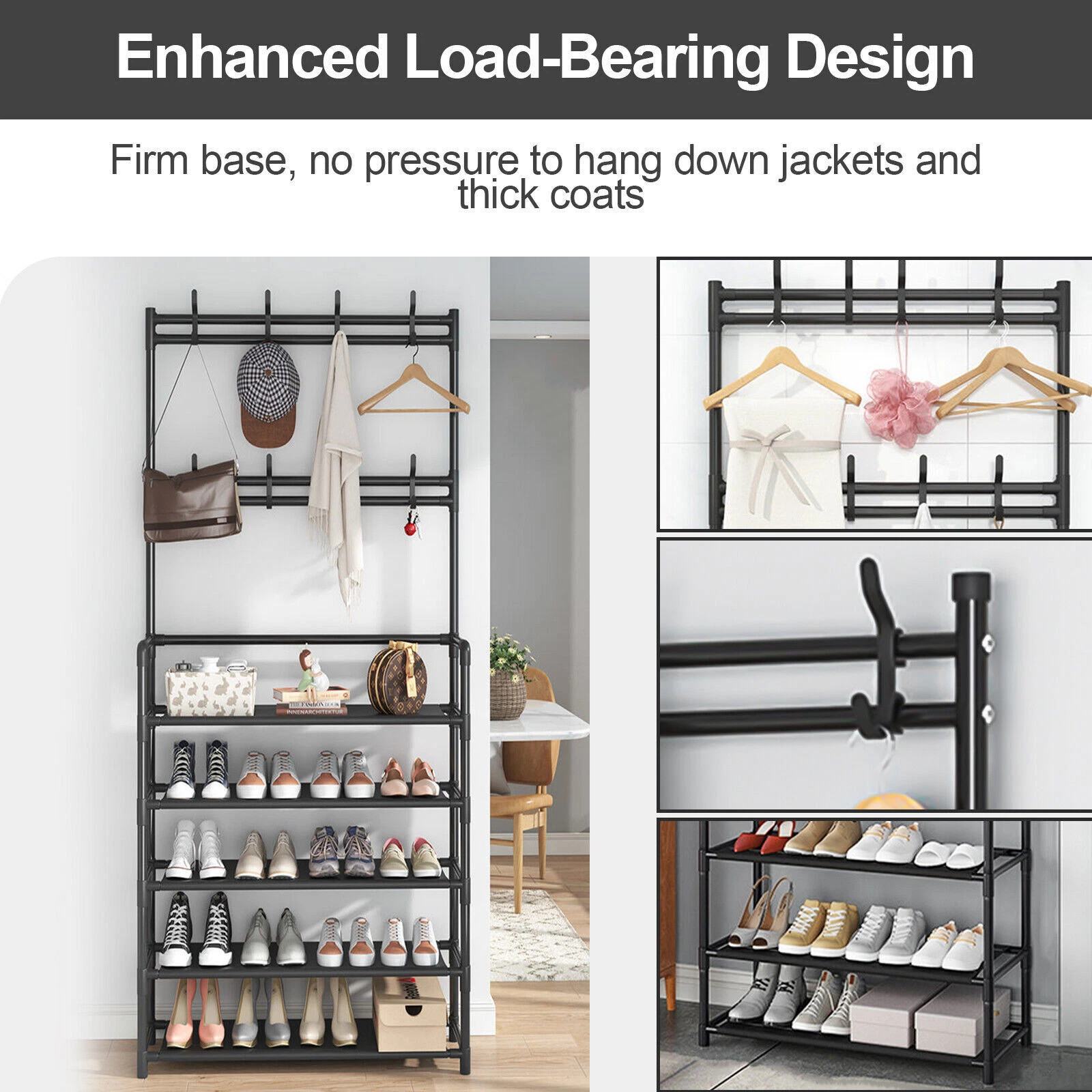 New Coat And Hat Stand 8 Hooks Metal Shoe Rack 5 Tiers Shelf Hanger Black 10