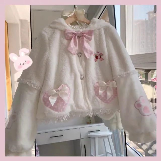 Cute Girl In Plush Rabbit Ear Short Coat White Plus Cotton - Shop at LoveMi