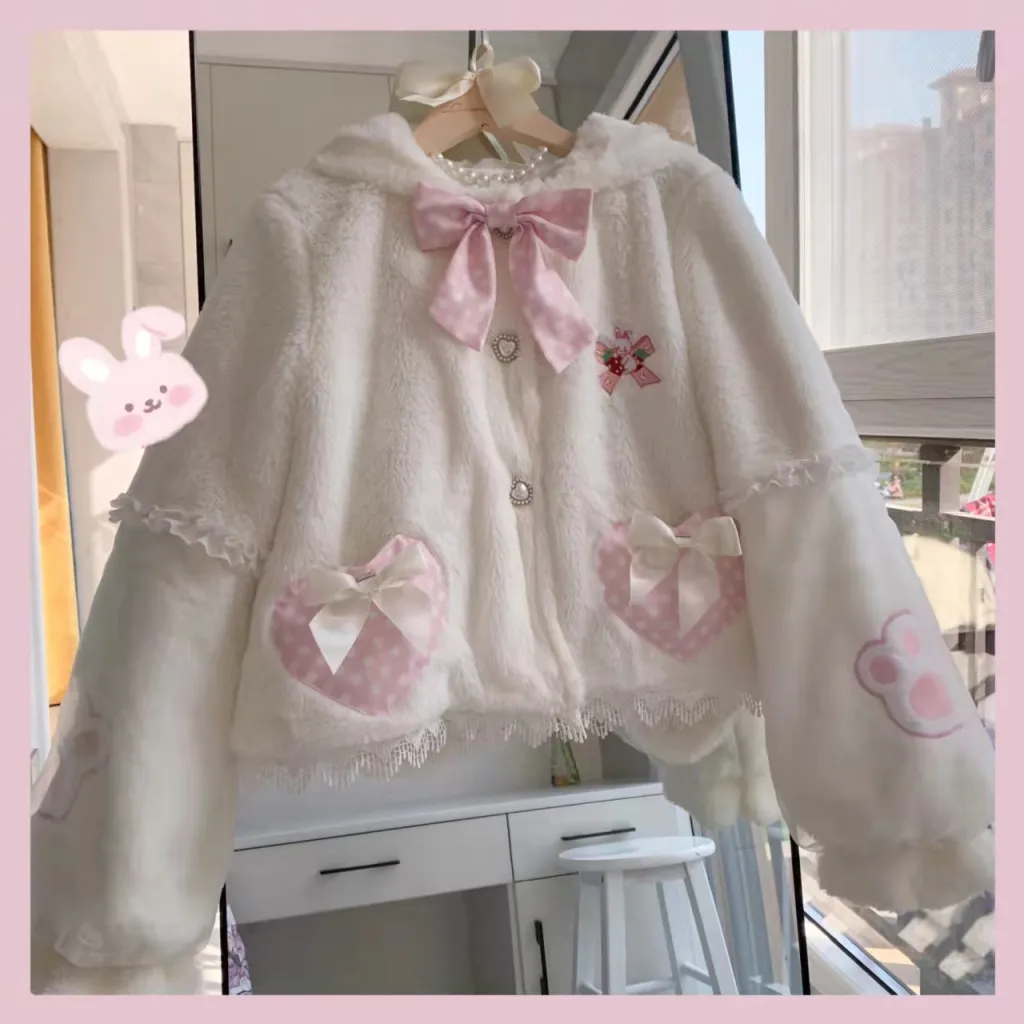 Cute Girl In Plush Rabbit Ear Short Coat - White Plus Cotton