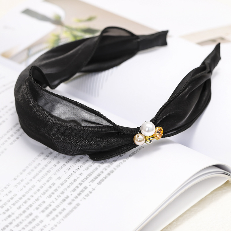 Hairband Satin Bright Silk Fabric Rhinestone Pearl Hairpin Black - Shop at LoveMi