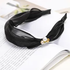 Hairband Satin Bright Silk Fabric Rhinestone Pearl Hairpin - Black - View 1