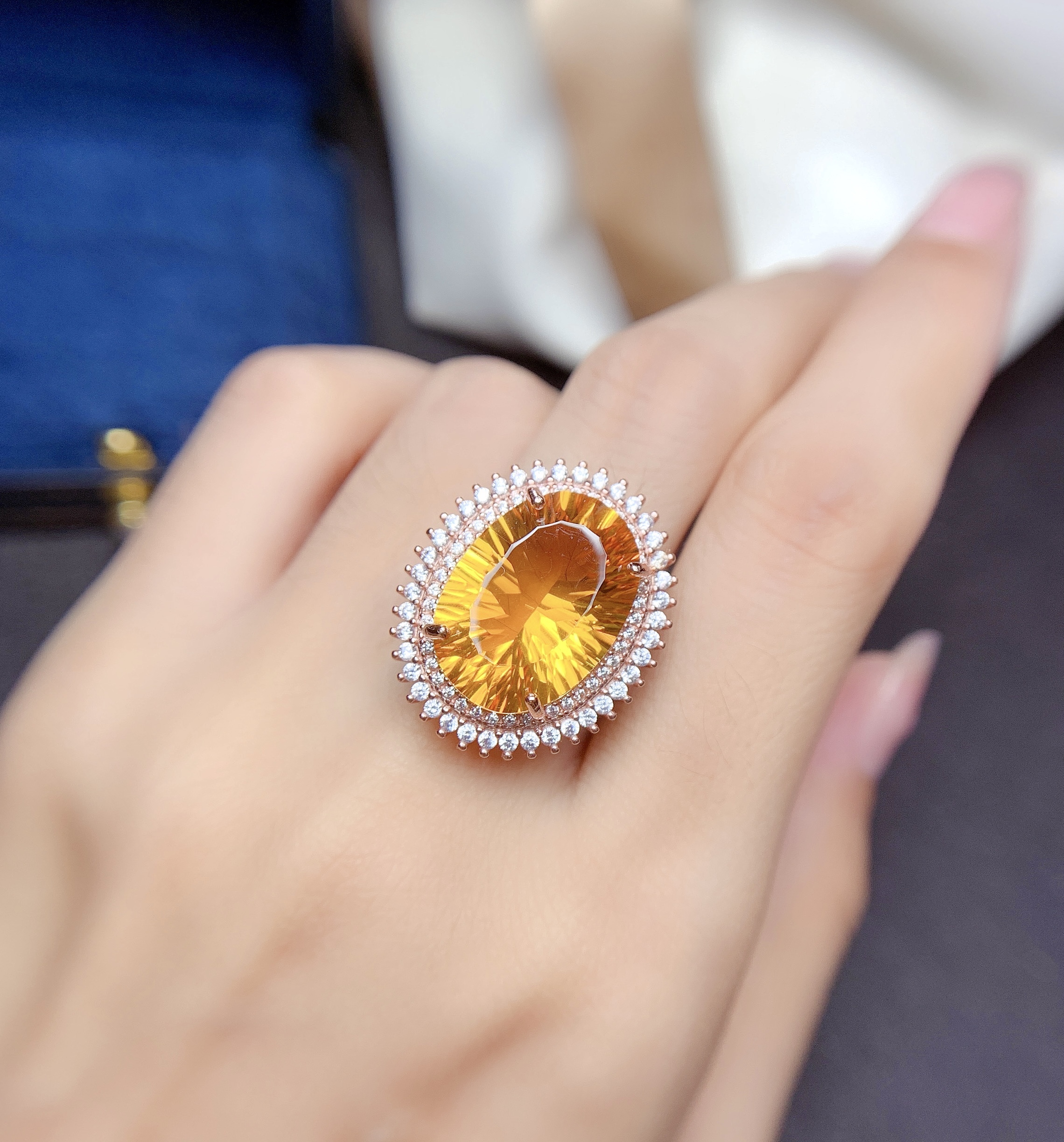 Large Grain Citrine Ring S925 Sterling Silver With Gold-plated Inlay