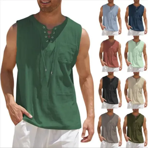 Summer Tank Vest Men Shirt Collar Tie Short Sleeve