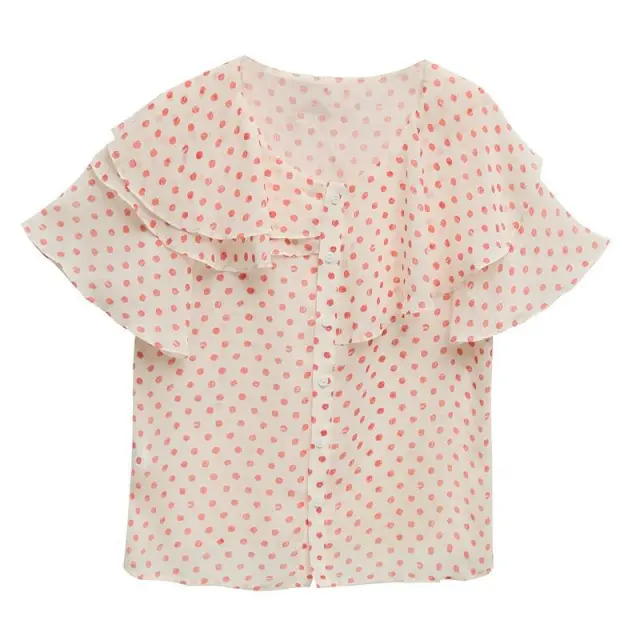Niche Summer Retro Ruffled Short Sleeved Chiffon Shirt Polka Dot Top Apricot - Shop at LoveMi