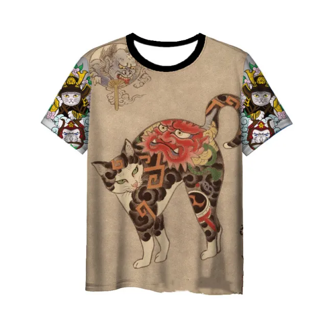 Japanese Samurai Cat 3D Digital Printing Men's Round Neck Short Sleeve 5Style 2Xl - Shop at LoveMi
