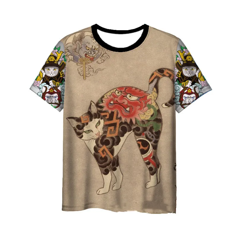 Japanese Samurai Cat 3D Digital Printing Men's Round Neck Short Sleeve - 5Style-2Xl