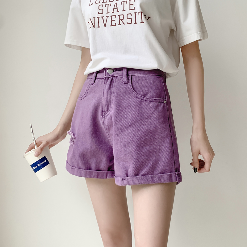 Purple Ripped Denim Shorts Women's High Waist Loose A- Line Wide Leg Pants