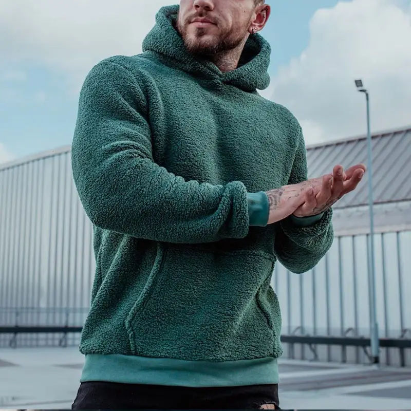 Men's Plush Hoodies Sweatshirt With Big Pocket Fashion Long-sleeved Pullover Hooded Top Solid Clothing