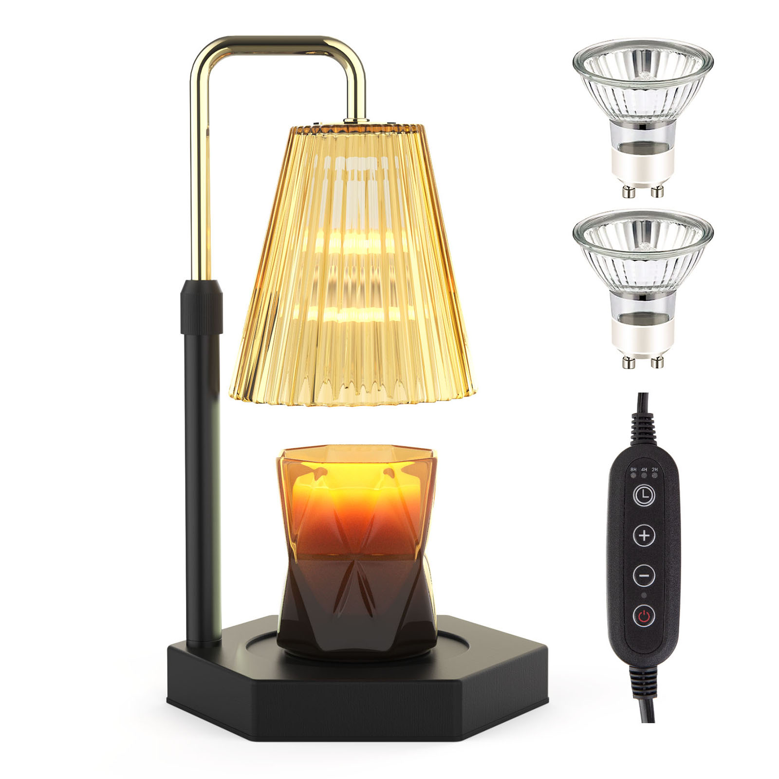 Dimmable Candle Warmer Lamp with Timer. Retro-style Candle Warmer Lamp: Our candle warmer lamp has a combination of amber glass shade and black wooden base, uniquely designed hexagonal base to add an artistic touch and can decorate your room well.( Candle