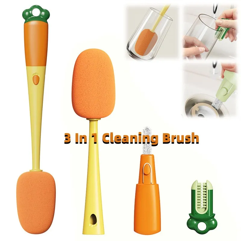 Kitchen 3 In 1 Multifunctional Cleaning Cup Washer Brush Long Handle Carrot Water Bottle Cleaning Brush – image 4