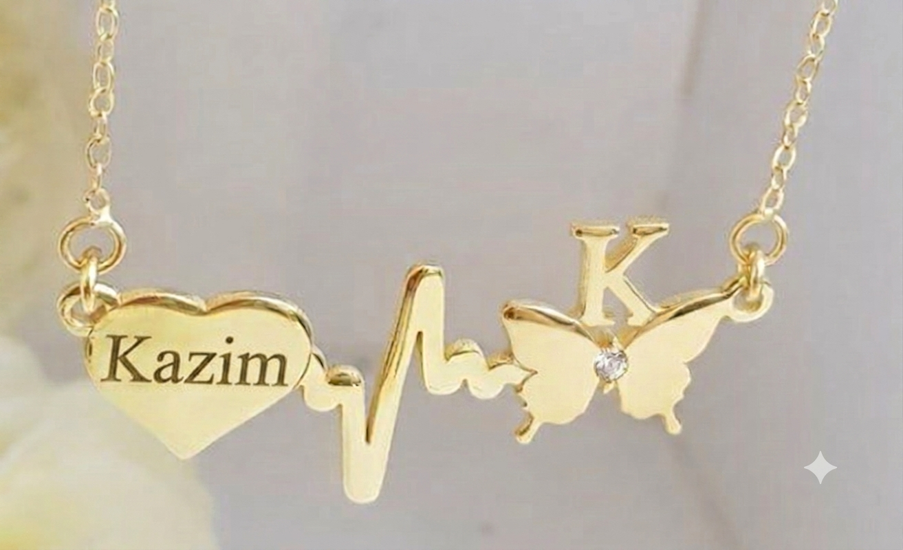 Custom Heartbeat Butterfly Name Necklace 24K Gold Plated Silver
