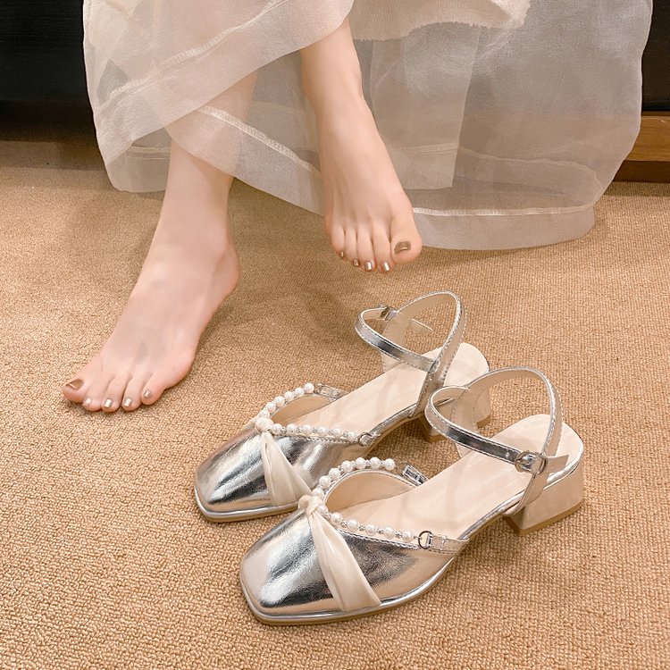 French Silver Mary Janes For Women, Gorgeous Fairy Style Block Heel Closed Toe Sandals Matching Dresses