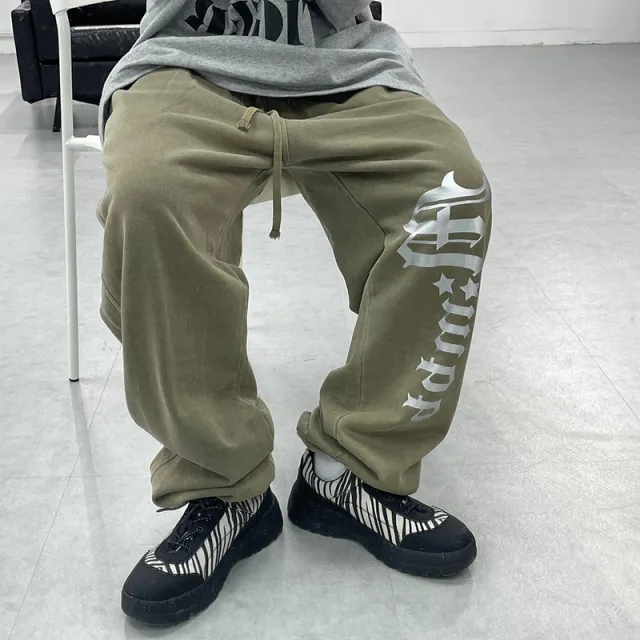 Original Vintage Washed Distressed Letter Sweatpants Retro Grey Green - Shop at LoveMi