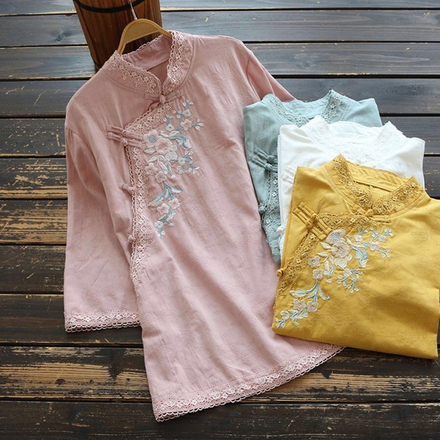 Stylish Vintage Floral Embroidered Shirt