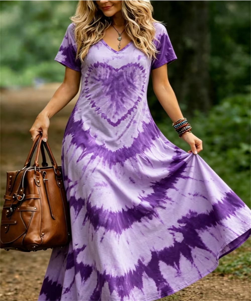 Women's V Neck Short Sleeve Maxi Dress, Heart Tie Dye Print Loose Casual Long Dress For Daily Holiday