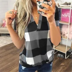 Women's New Shirt Plaid Printed V-Neck Short-Sleeved Shirt T-Shirt Women - Grey - View 1