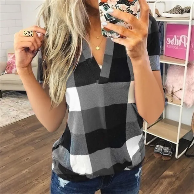 Women's New Shirt Plaid Printed V Neck Short Sleeved Shirt T Shirt Women Grey - Shop at LoveMi