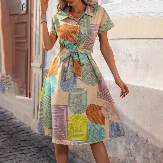 Women's Bohemian Floral Midi Dress V Neck Short Sleeve Casual Dress, Slight Stretch Woven Fabric, Vibrant Print, Summer Fashion Colored - Shop at LoveMi