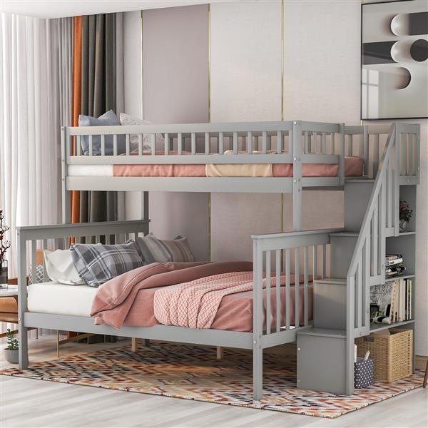 Twin Over Full Stairway Bunk Bed With Storage, Gray_voghion.com
