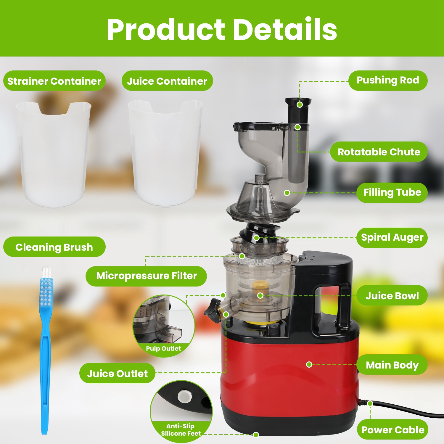 1Pc Cold Press Juicer Machine 300W Electric Slow Masticating Juicer For Whole Vegetable And Fruit With Reverse Function 2 Containers Cleaning Brush Clear Marks Easy Cleaning Fedex Shipping — foto 7