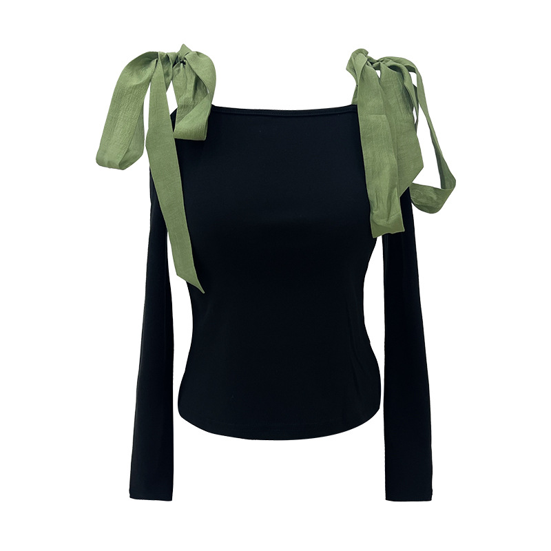 Spring Design Niche Long-sleeved Black One-shoulder Top