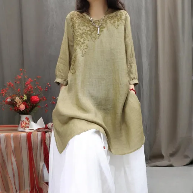 Women's Solid Color Round Neck Embroidered Long Sleeve T Shirt Vintage Floral Design Spring Summer Casual Comfort Green - Shop at LoveMi