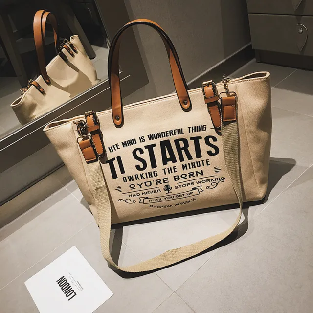 Canvas Messenger Bag Canvas Letter Hand Tote Bag Khaki - Shop at LoveMi