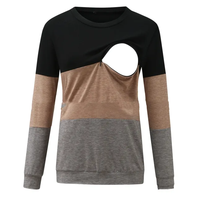 Long Sleeve Colorblock Crew Neck Nursing Top T Shirt Black - Shop at LoveMi