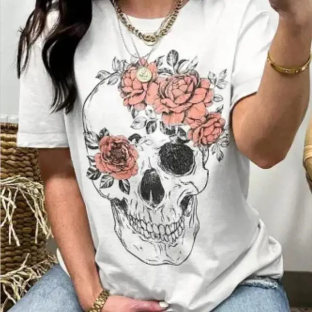 European And American Skull shaped White Flower Digital Printing Casual Round Neck Short Sleeves T shirt White - Shop at LoveMi