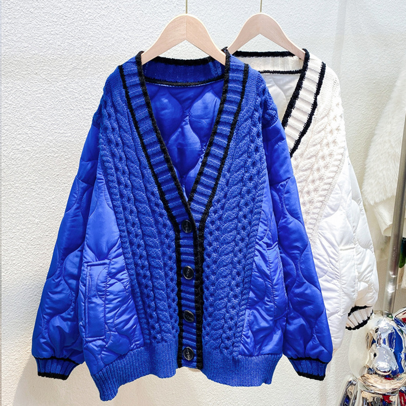 Idle Style Knitted Stitching Cotton-padded V-neck Cardigan