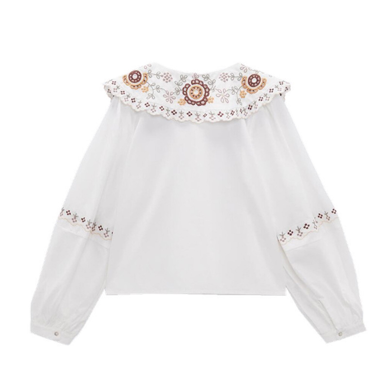 Doll Collar Embroidered Poplin Shirt Top