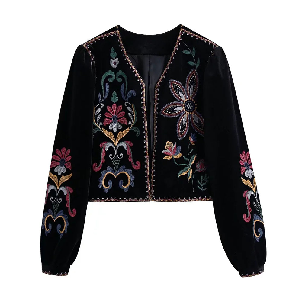 Women's European And American Style Velvet Embroidered Short Coat Cardigan Black - Shop at LoveMi