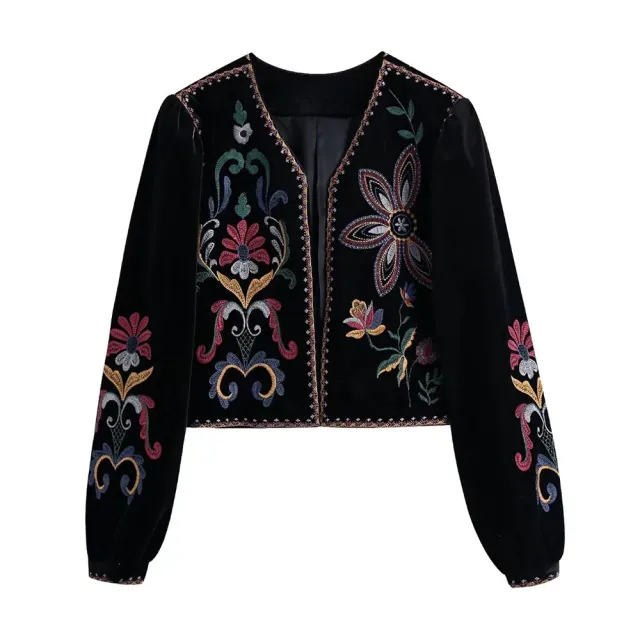 Women's European And American Style Velvet Embroidered Short Coat Cardigan Black - Shop at LoveMi